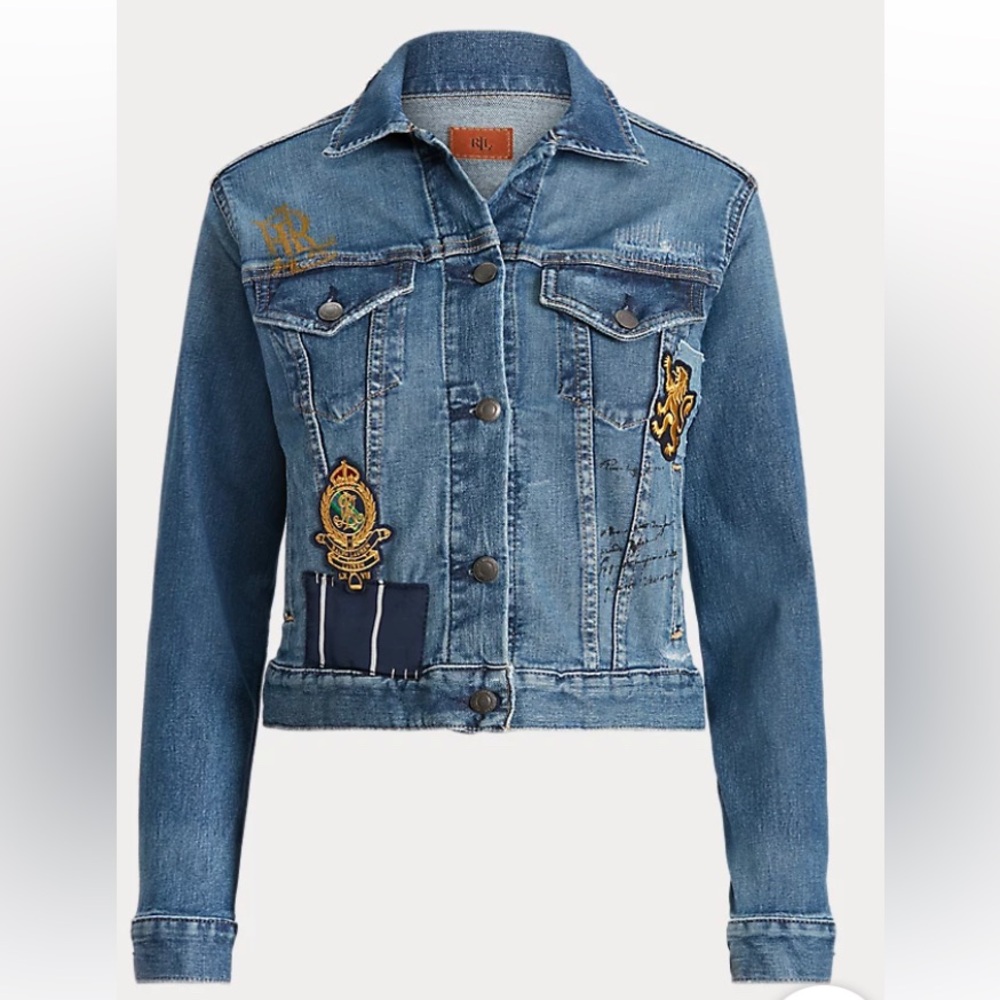 Lauren Ralph Lauren Distressed Patch Denim Jean Jacket MEDIUM